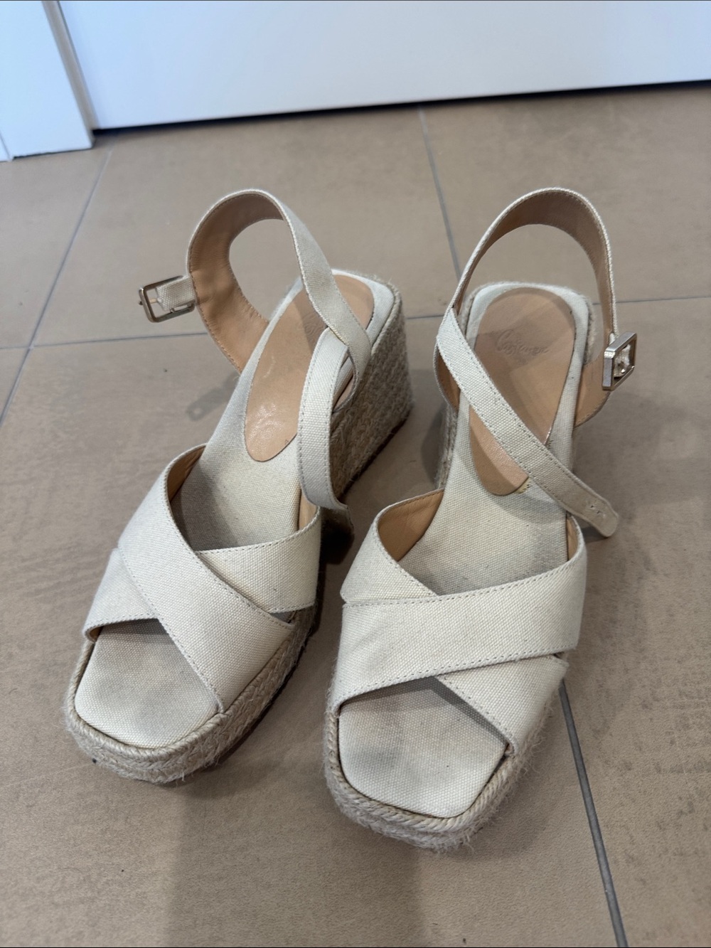 Castaner Beige Canvas Espadrille Wedge Sandals - Women's